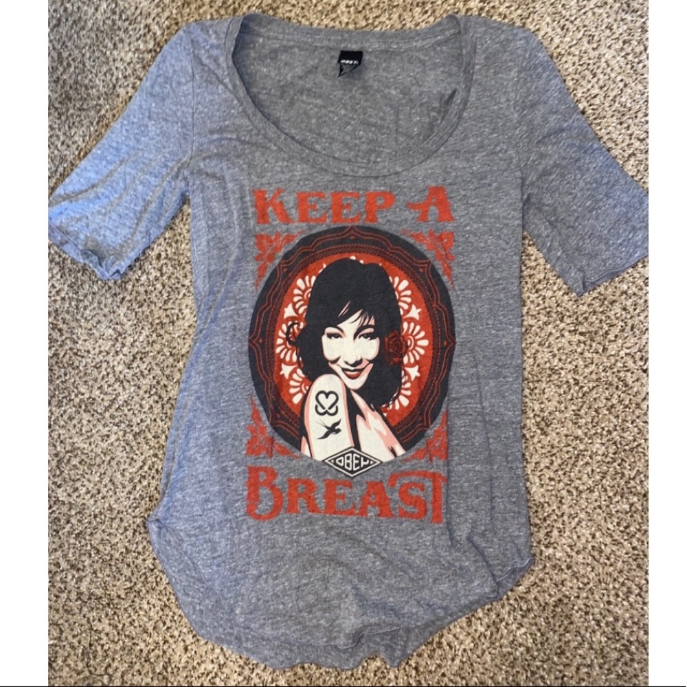 Grey Scoop Neck Obey Breast Cancer Awareness T-Shirt